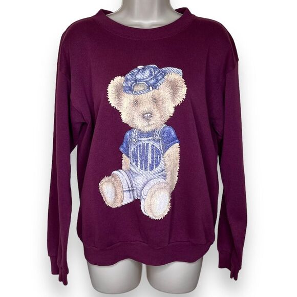 Vintage 1990s Competitor Sweatshirt Burgundy Overalls Bear WWJD Womens Medium - Picture 1 of 11